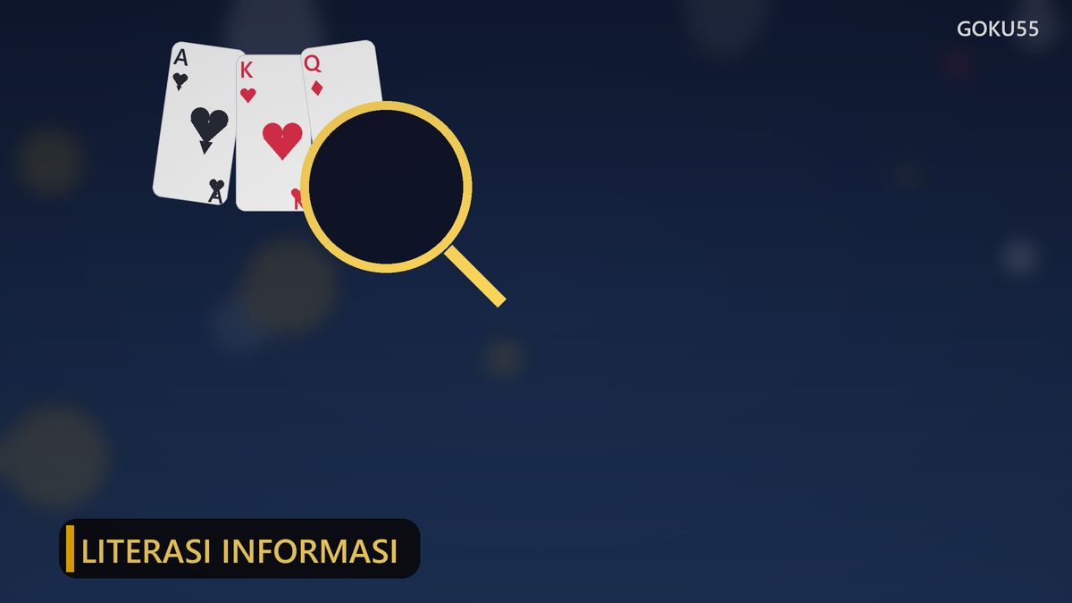 Ilustrasi kartu remi dan kaca pembesar di atas meja gelap, melambangkan membaca informasi dengan kritis