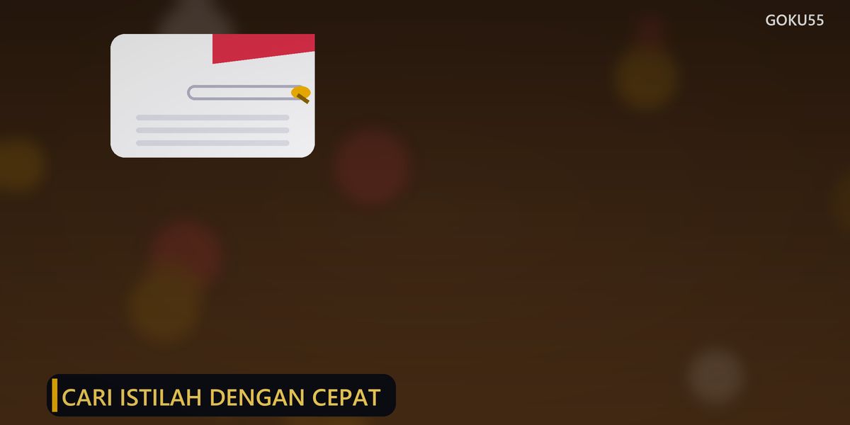 Ilustrasi buku kamus dengan kolom pencarian dan baris definisi istilah