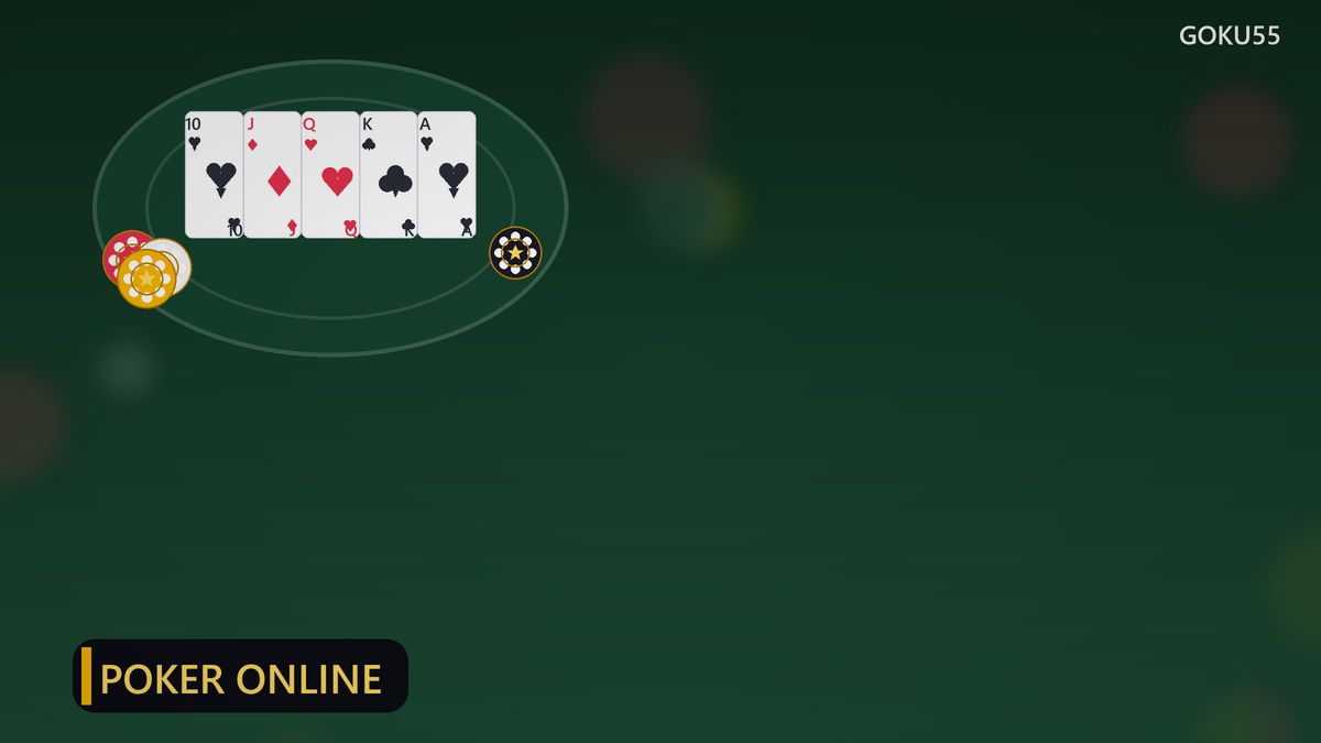Ilustrasi meja poker hijau dengan susunan kartu 10 J Q K A dan chip kasino