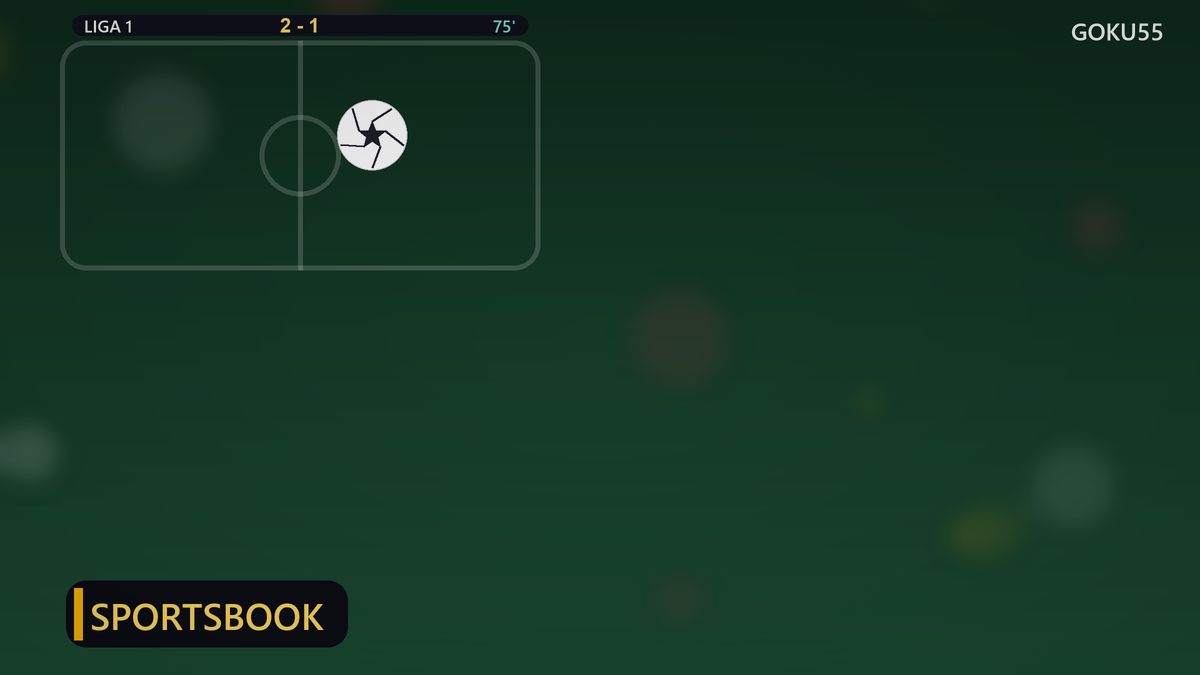 Ilustrasi lapangan sepak bola dengan bola, papan skor 2-1 menit 75, dan garis lapangan